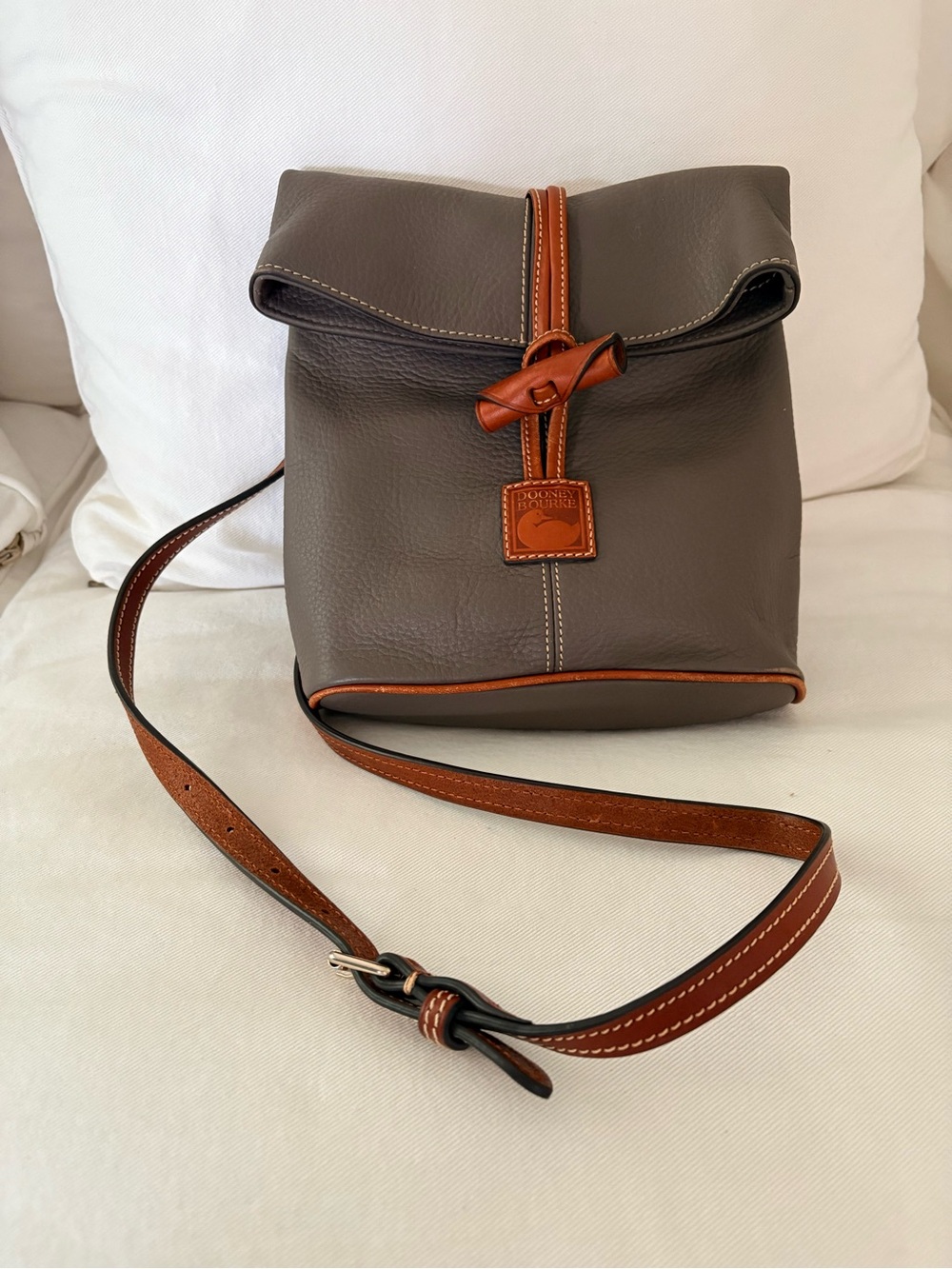 Dooney & Bourke Gray Leather toggle Crossbody with Tan Trim